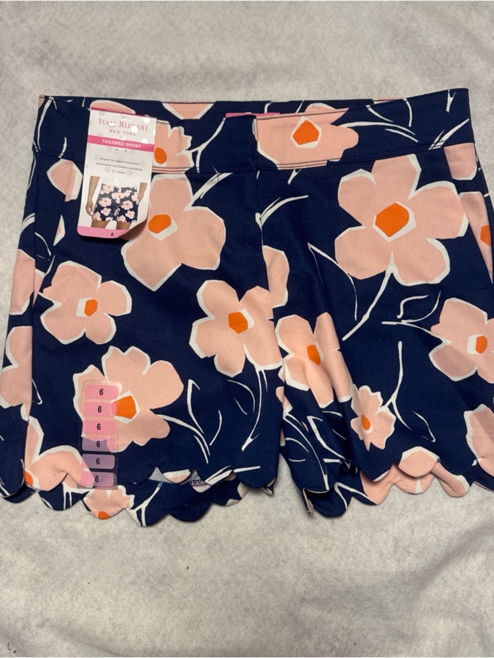 Isaac Mizrahi Navy Shorts with Pink Floral Print and Scalloped Hem